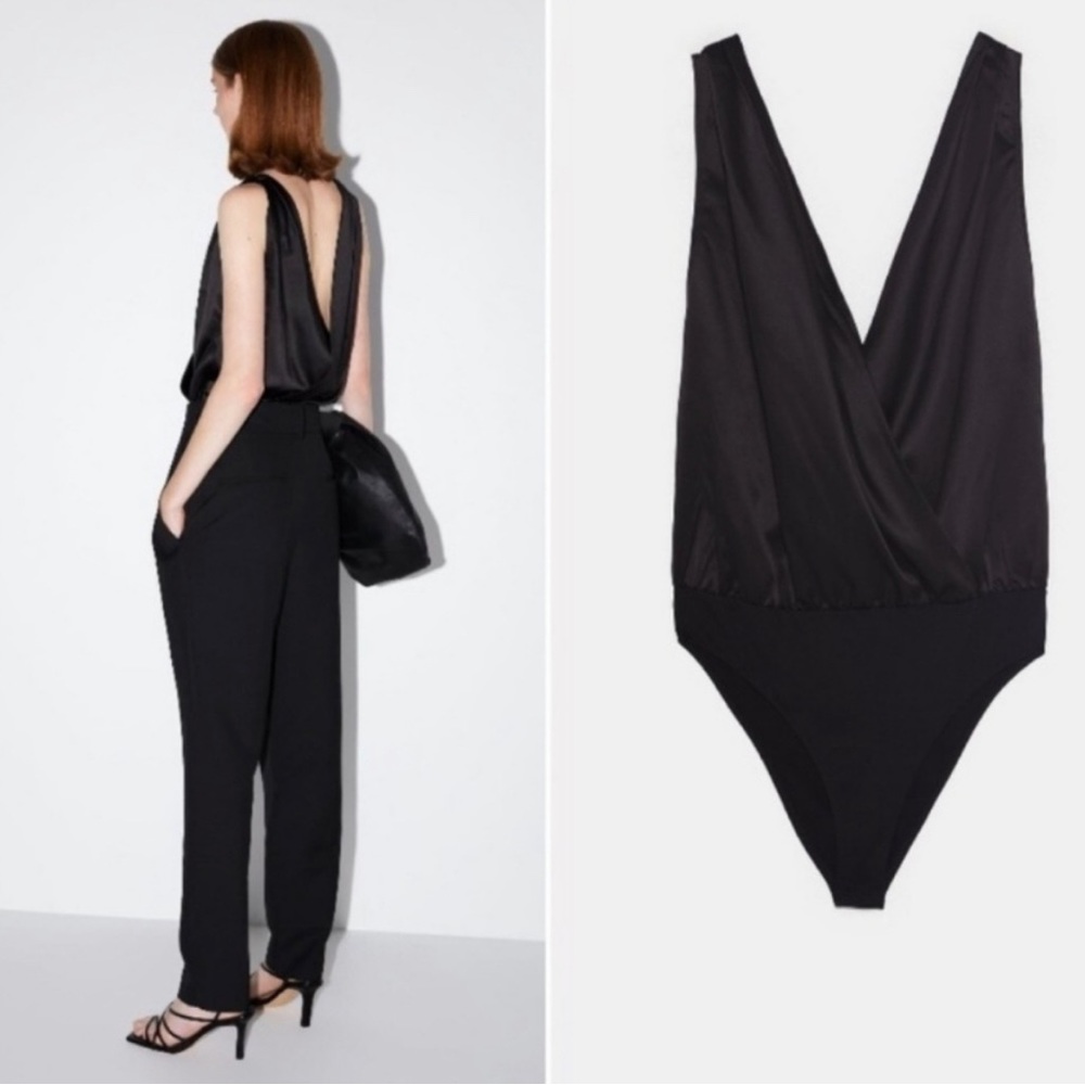 Zara Sateen Satin Bodysuit Sleeveless Black